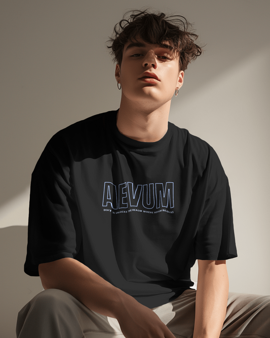 Blexee Men's Black Aevum Graphic Printed Oversized T-shirt